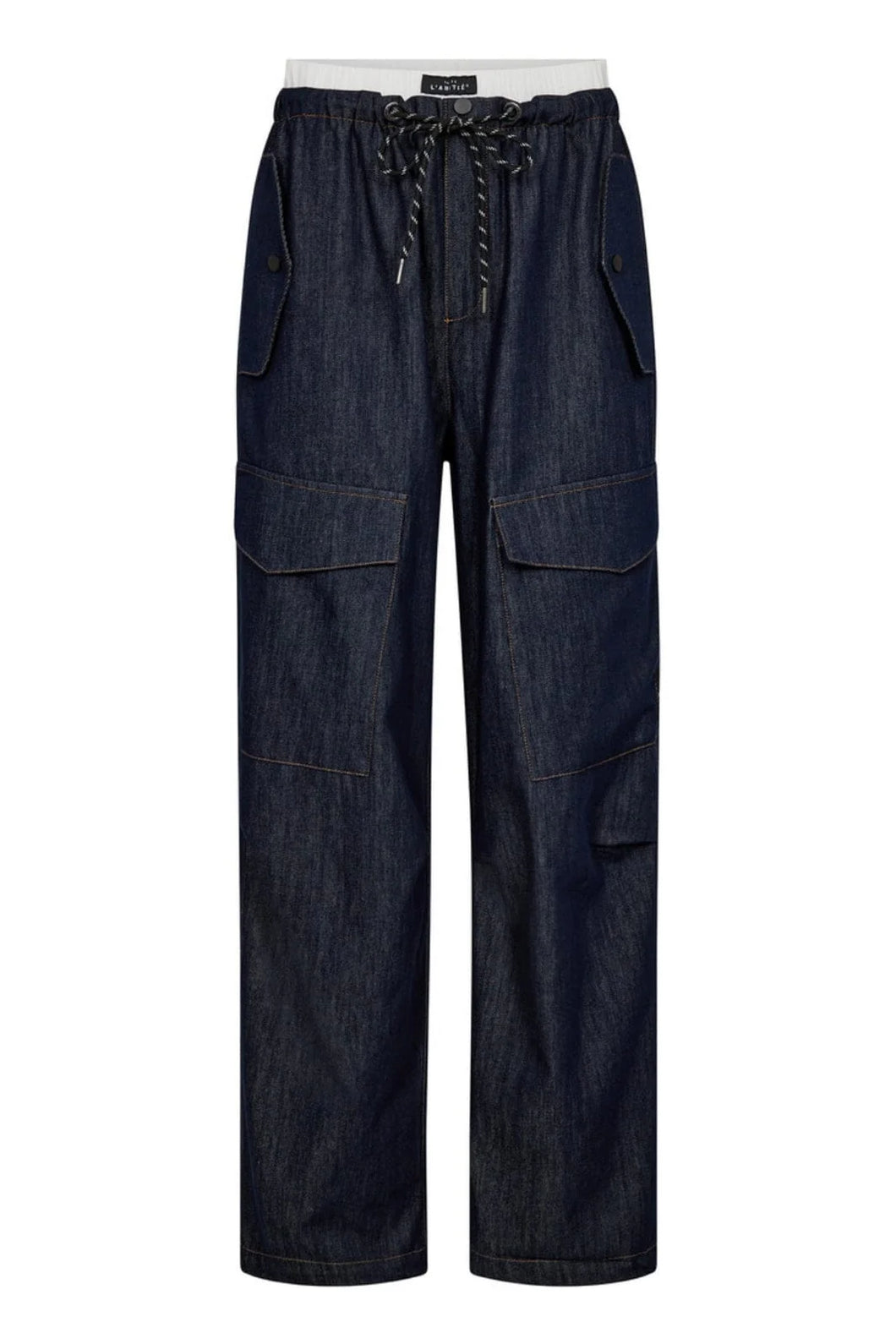 Denim Cargo Pull on Trousers Dark Denim
