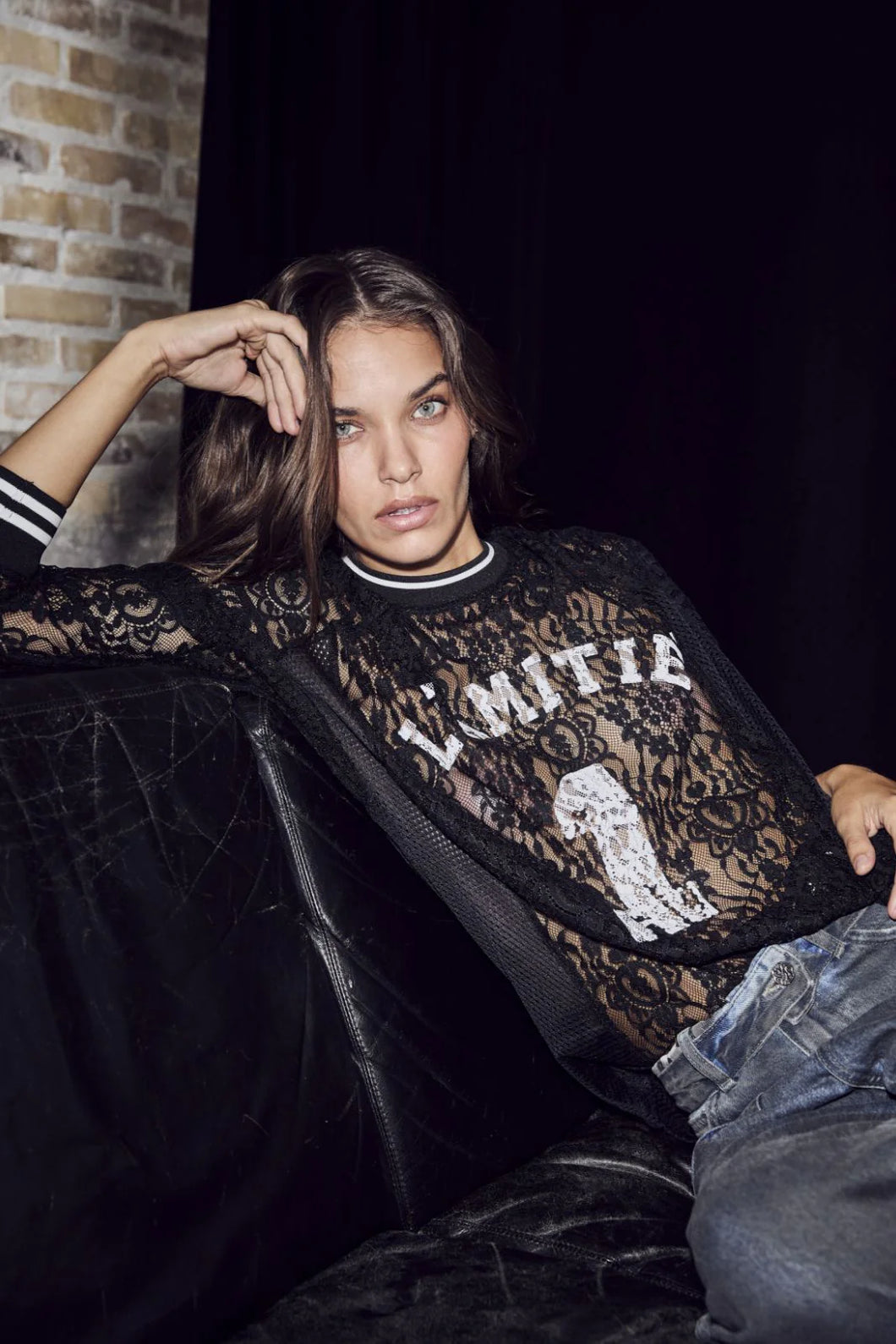 Lace Ls Football Blouse Black